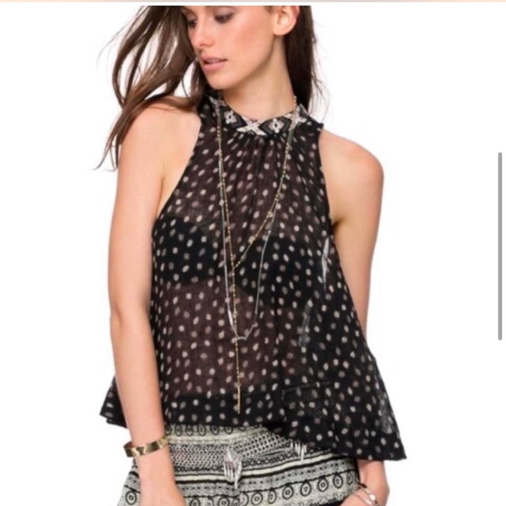 Free People black sheer boho gypsy top with tie ribbon sides